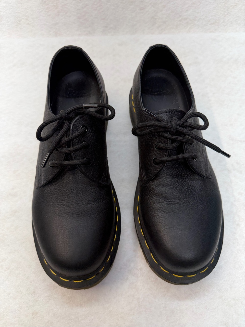 Dr. Martens Black Leather Derby Shoes with Yellow Stitching